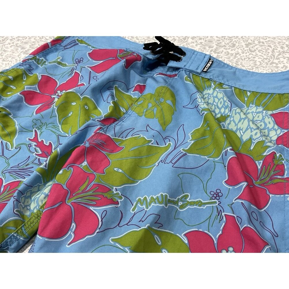 Maui & Sons Board Shorts Men’s 30 Tropical Floral Swim Trunks Blue Pink Hawaii - Picture 3 of 16